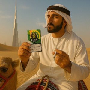 un-homme-du-moyen-orient-sur-son-chameau-fumant-une-cigarette-cbd-dans-le-le-desert-soudien-en-arriere-plan-la-tour-burj-khalifa