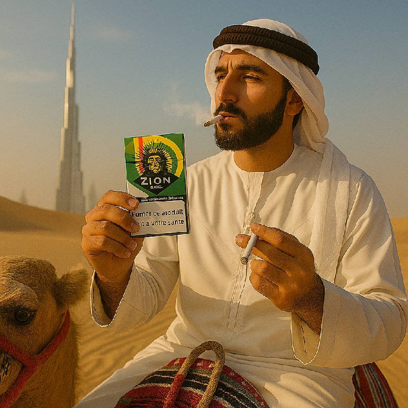 un-homme-du-moyen-orient-sur-son-chameau-fumant-une-cigarette-cbd-dans-le-le-desert-soudien-en-arriere-plan-la-tour-burj-khalifa