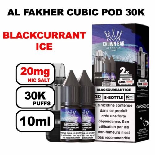 Cartouche Cubic 30k 10+2ml + E-liquides 20mg 10ml x2 - Crown Bar by Al Fakher-blackcurrant-ice