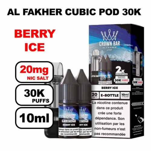 Cartouche Cubic 30k 10+2ml + E-liquides 20mg 10ml x2 - Crown Bar by Al Fakher-berry-ice