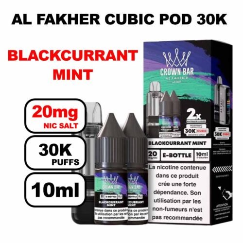 Cartouche Cubic 30k 10+2ml + E-liquides 20mg 10ml x2 - Crown Bar by Al Fakher-blackcurrant-mint