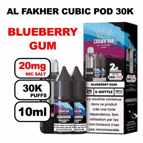 Cartouche Cubic 30k 10+2ml + E-liquides 20mg 10ml x2 - Crown Bar by Al Fakher-blueberry-gum