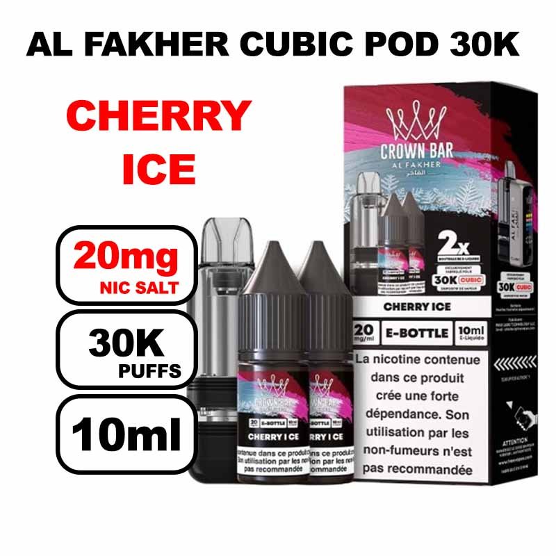 Cartouche Cubic 30k 10+2ml + E-liquides 20mg 10ml x2 - Crown Bar by Al Fakher-cherry-ice
