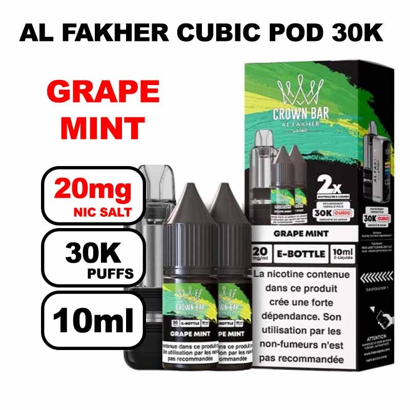 Cartouche Cubic 30k 10+2ml + E-liquides 20mg 10ml x2 - Crown Bar by Al Fakher-grape-mint