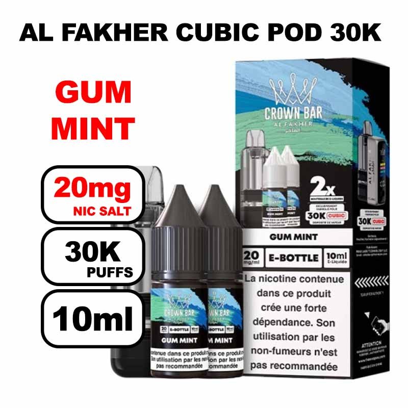 Cartouche Cubic 30k 10+2ml + E-liquides 20mg 10ml x2 - Crown Bar by Al Fakher-gum-mint