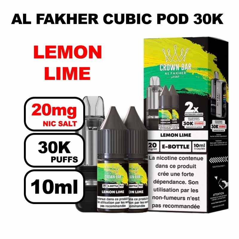Cartouche Cubic 30k 10+2ml + E-liquides 20mg 10ml x2 - Crown Bar by Al Fakher-lemon-lime