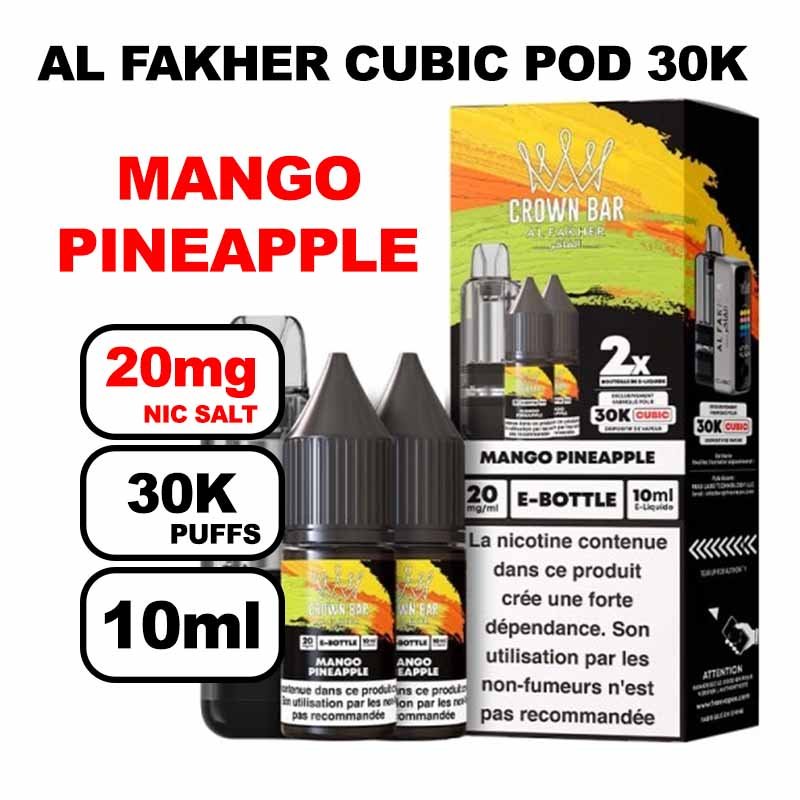 Cartouche Cubic 30k 10+2ml + E-liquides 20mg 10ml x2 - Crown Bar by Al Fakher-mango-pineapple