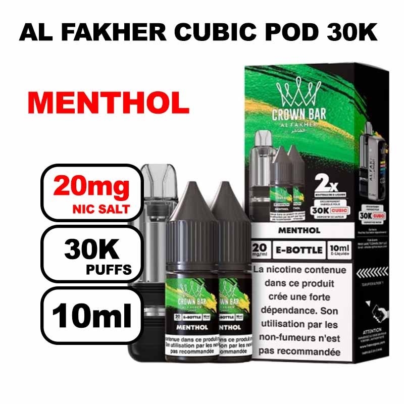 Cartouche Cubic 30k 10+2ml + E-liquides 20mg 10ml x2 - Crown Bar by Al Fakher-menthol