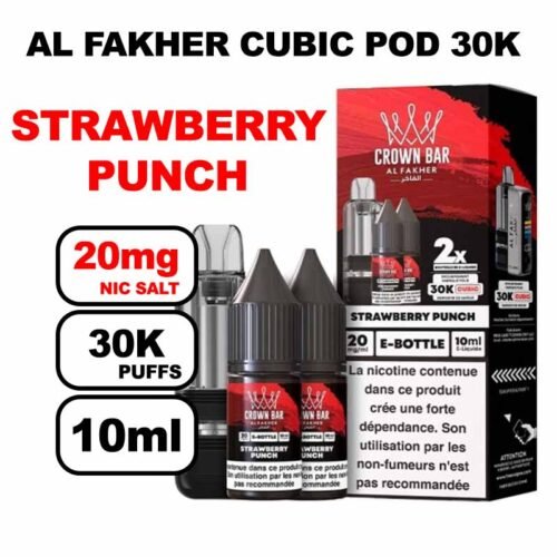 Cartouche Cubic 30k 10+2ml + E-liquides 20mg 10ml x2 - Crown Bar by Al Fakher-strawberry-punch