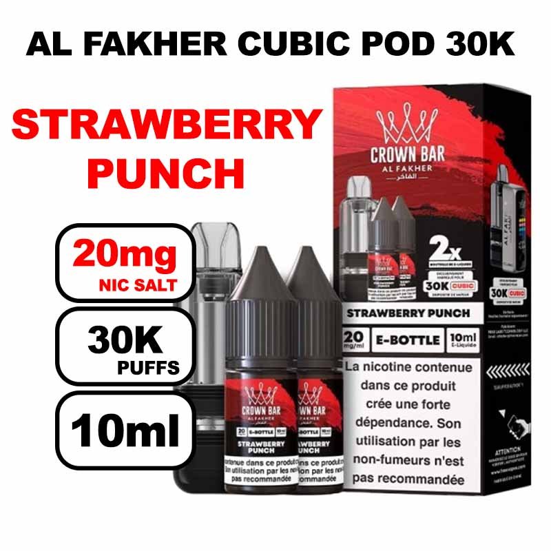 Cartouche Cubic 30k 10+2ml + E-liquides 20mg 10ml x2 - Crown Bar by Al Fakher-strawberry-punch
