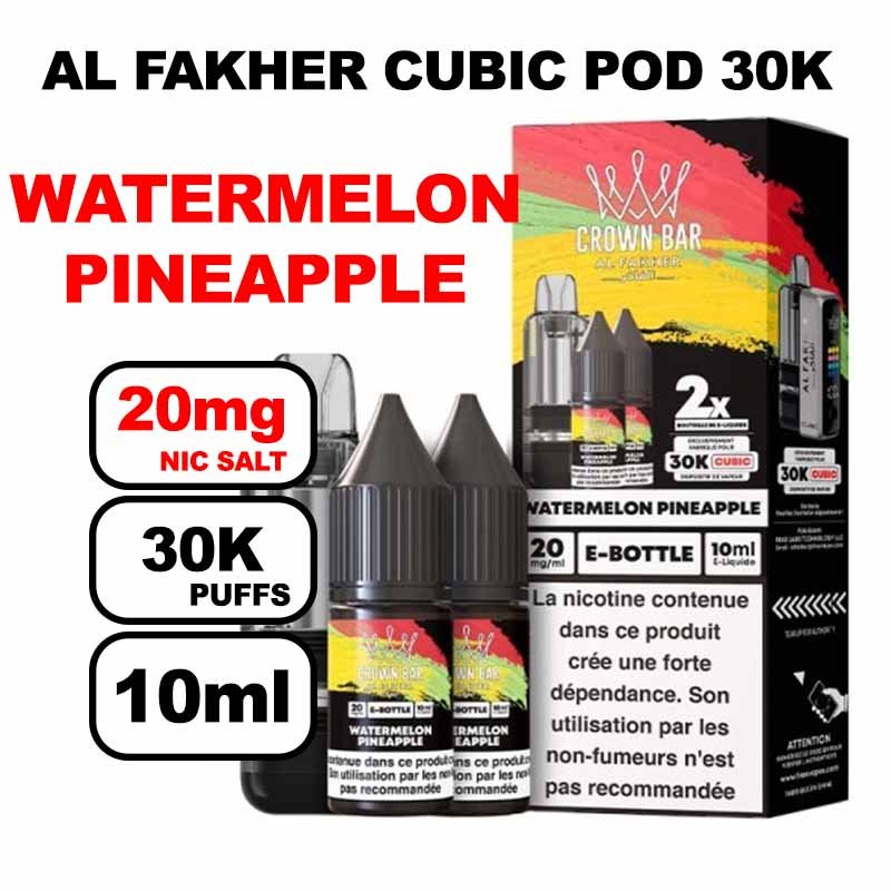Cartouche Cubic 30k 10+2ml + E-liquides 20mg 10ml x2 - Crown Bar by Al Fakher-watermelon-pineapple