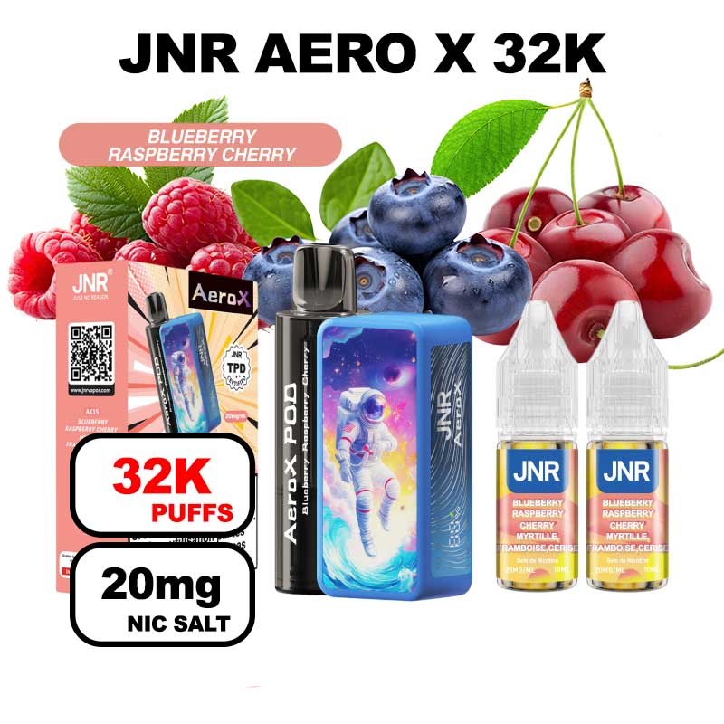 JNR AeroX 32k puffs rechargeable 20mg Nic salt-blueberry-raspberry-cherry
