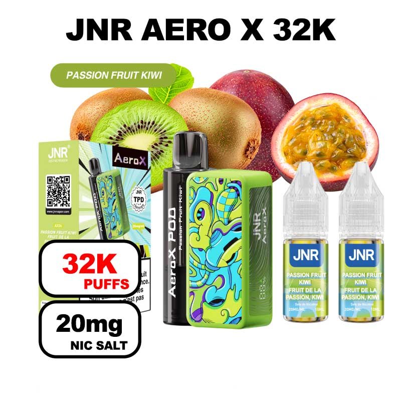 JNR AeroX 32k puffs rechargeable 20mg Nic salt-passion-kiwi