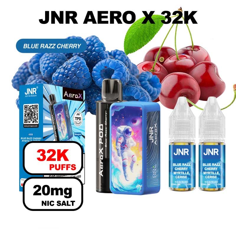 JNR AeroX 32k puffs rechargeable 20mg Nic salt- blue razz cherry