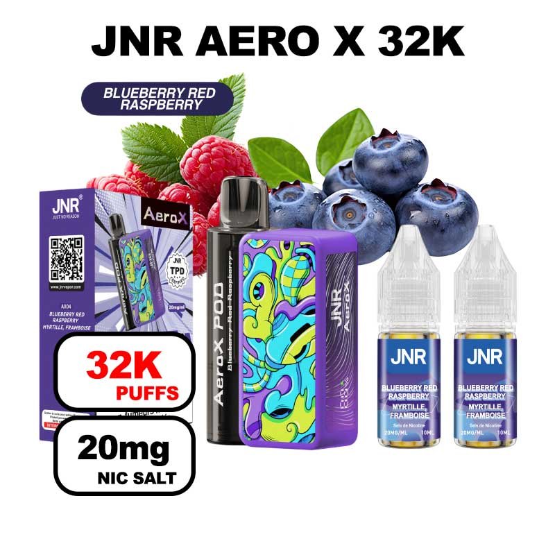 JNR AeroX 32k puffs rechargeable 20mg Nic salt- blueberry-red- raspberry