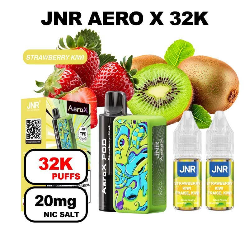 JNR AeroX 32k puffs rechargeable 20mg Nic salt-strawberry-kiwi