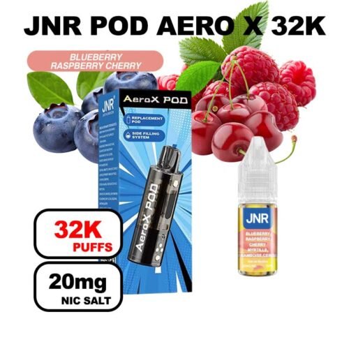 JNR AeroX pod rechargeable + e-liquide 10ml 20mg Nic salt-blueberry raspberry cherry