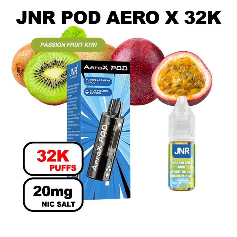 JNR AeroX pod rechargeable + e-liquide 10ml 20mg Nic salt-passion kiwi