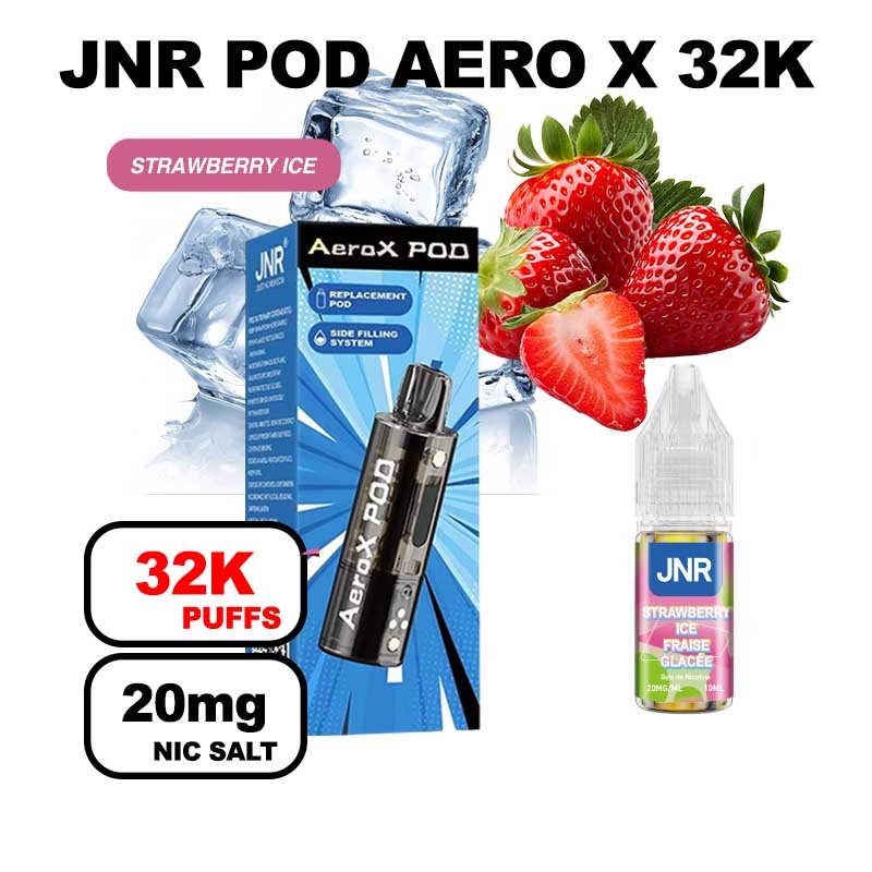 JNR AeroX pod rechargeable + e-liquide 10ml 20mg Nic salt-strawberry ice