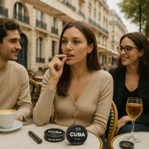 Sachets-de-Nicotine-CUBA femme entrain de consommer un sachet dans une terrasse parisienne