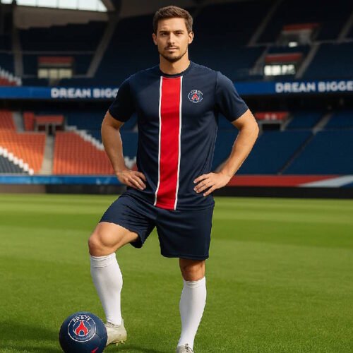 T-shirt-du-PSG-porte-par-un-homme-pose-dans-un-stade-de-football-entoure-de-ses-trois-coequipiers-un-ballon-aux-couleurs-du-club-a-ses-pieds