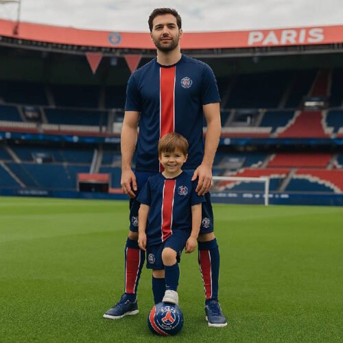 t-shirt-psg-ave-un-homme-qui-pose-dans-un-stade-de-foot-avec-son-fils-en-maillot-psg-dans-ses-pieds-un-ballon-psg