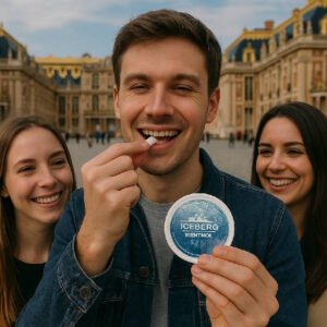 un-homme-entrain-de-consommer-un-sachet-de-nicotine-iceberg-snus-dans-ses-doigts-devant-le-chateau-de-versaille-en-compagnie-de-2-copines