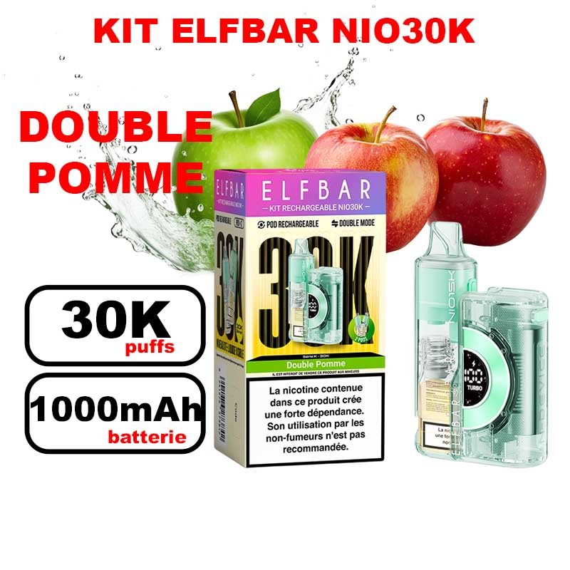 Elfbar NIO30K 20mg : Grosse Puff Jetable Grande Capacité- double pomme