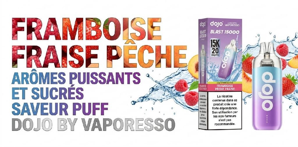 Puff dojo vaporesso 20mg nicotine saveur framboise fraise peche slider