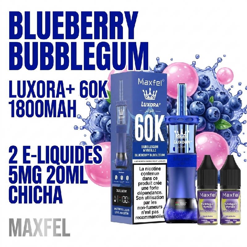 puff-shisha-60k-maxfel-5mg-20ml-luxora-1800mah-ecig-Blueberry-bubblegum-mirtylle-bubble-gum